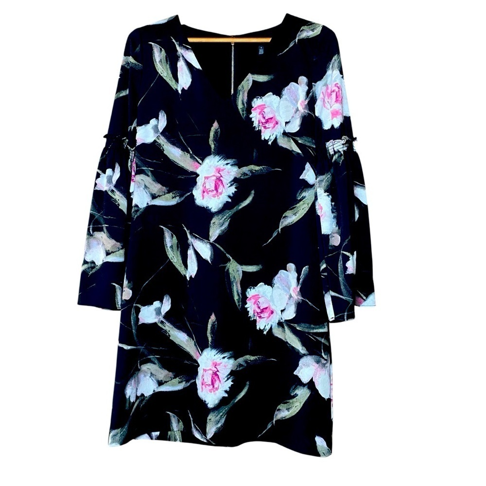 White House Black Market Womens Black Bell Sleeve Floral Shift Dress size 6